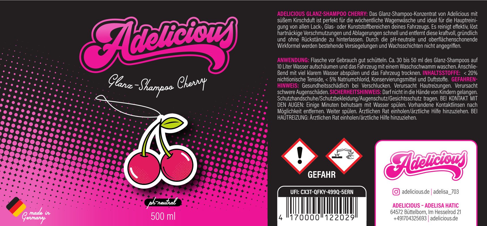 Adelicious Glanz-Shampoo Cherry | 500ml, ph-neutral, pink